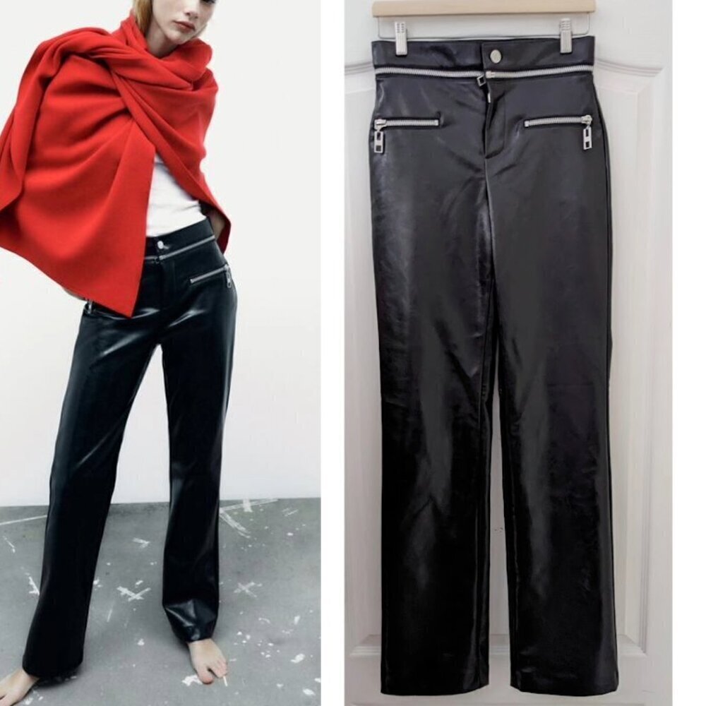 NWT Zara | Leather Effect Zipped Trousers